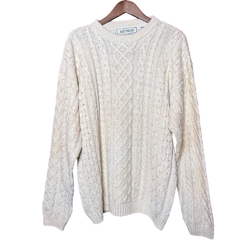Method Cable Knit Sweater Men Large Cream Good Silk Cotton Blend Long Sleeve
